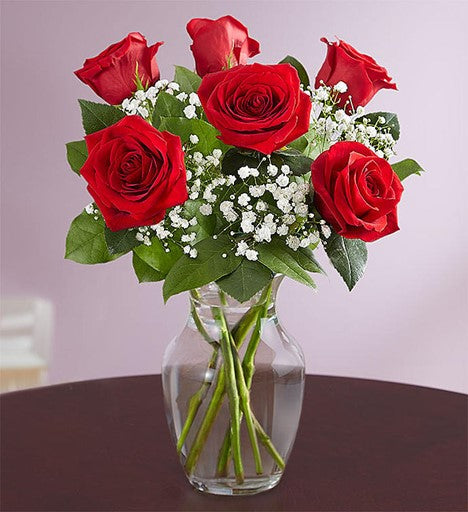 6 Long Stem Red Roses with Babies Breath