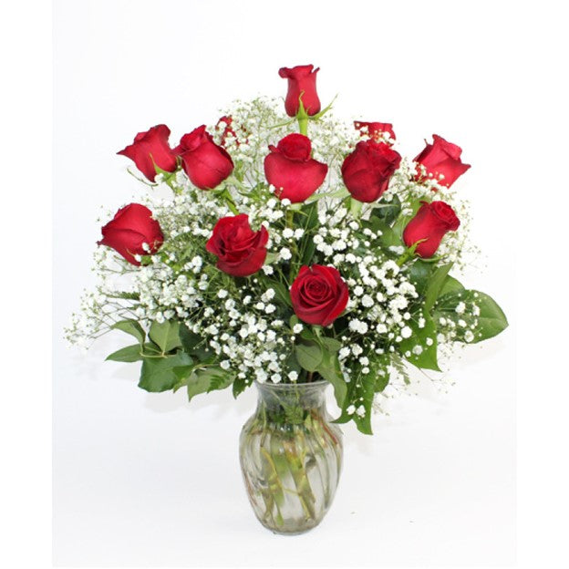 One Dozen Long Stem Roses with Babies Breath